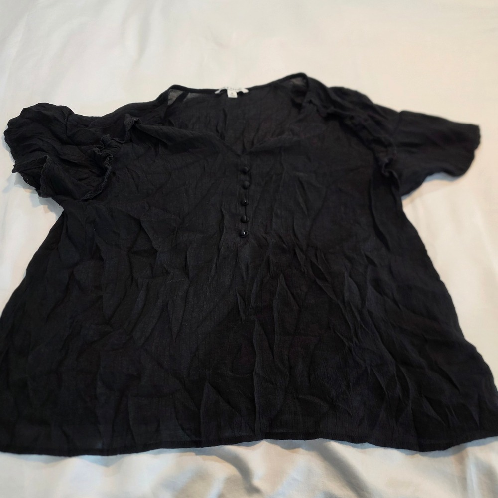 Zac & Rachel Blouse Womens XL Black Excellent Crinkle Eyelet Flutter Sleeve Top